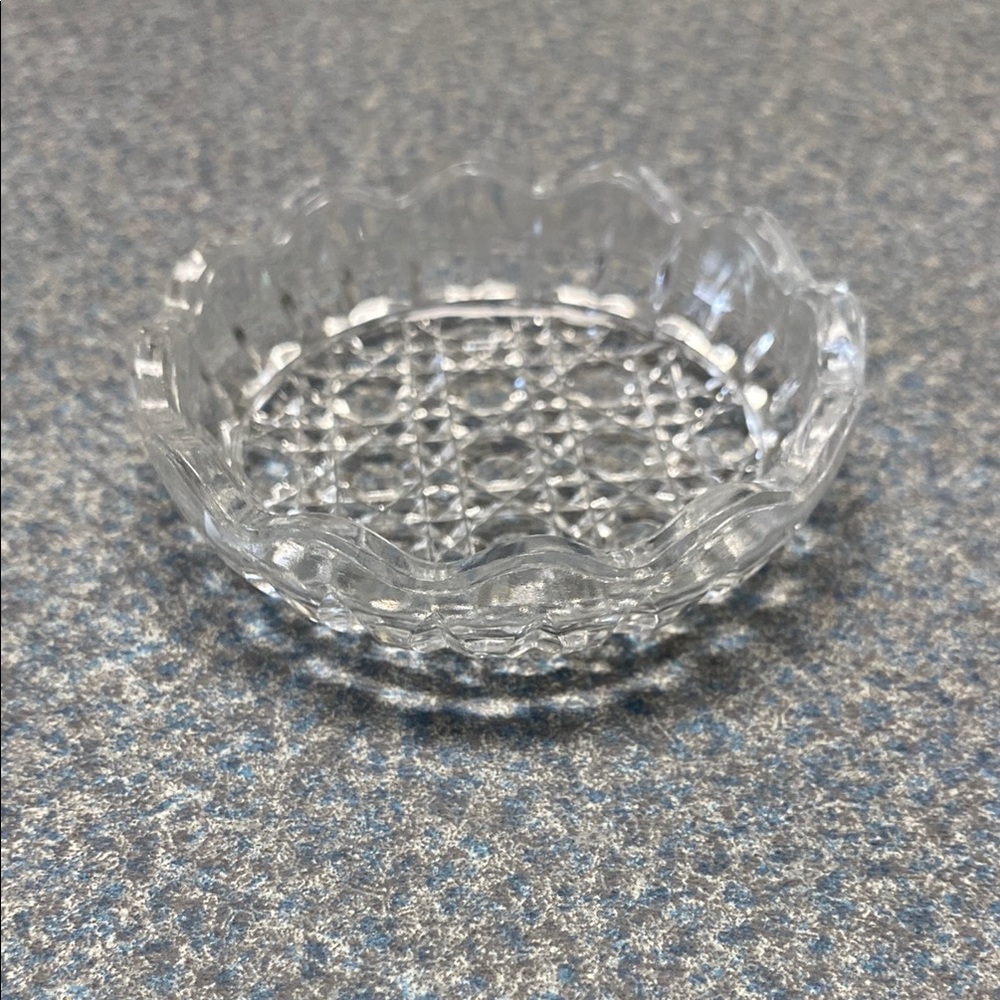 Clear Glass Dish with Scalloped Edge and Geometric Pattern